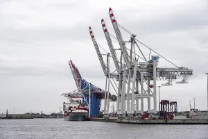 Freight Transport Vessel Stampe: Container ship, loading cranes and stacks of containers