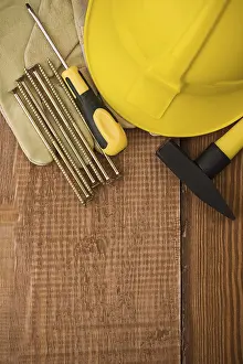 Construction Worker Stampe: Copyspace background of board with tools