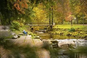 Baden Wurttemberg Waterfront Stampe: Course of the river Enz with bridge