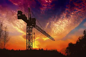 Evening Sky Landscape Stampe: The crane at sunset