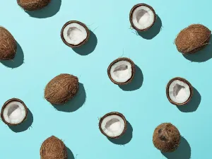 Pastel Colored Backgrounds Stampe: Creative layout of coconuts half on blue background