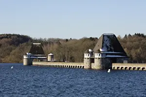 Sauerland Germany Stampe: Dammed Mohnesee in front of a dam