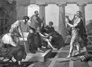 Historical Bible Illustration Stampe: David's string playing in front of Saul