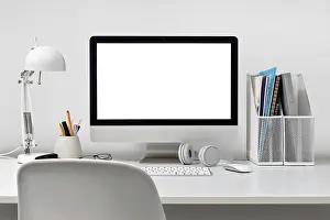 Office Work Setup Stampe: Desktop computer isolated on a white background