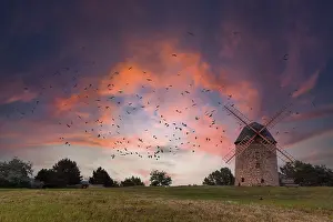 Central Europe Evening Sky Stampe: Devil's Mill Windmill Warnstedt Thale at sunset Devil's Mill Windmill Warnstedt Thale at sunset