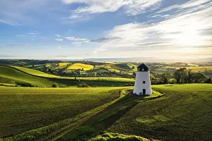 Aerial Landscape Photo UK Stampe: Devon Windmill from a drone, Fields and Farms