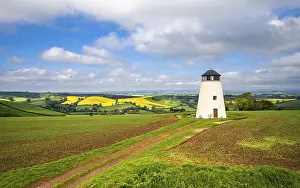UK Rural Scenes Stampe: Devon Windmill over Fields and Farms