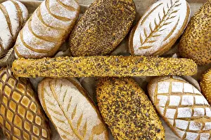 Bread And Pastry Assortment Stampe: Different kinds of breads seen from above