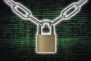 Secure Data Protection Stampe: Digital binary code, lock and chain Coloured background with structures and copy space for the design