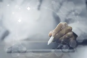 Digital Healthcare System Stampe: Doctor using digital tablet virtual screen