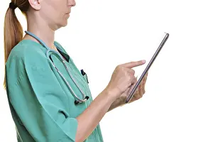 Medical Diagnosis Technology Stampe: Doctor using a tablet computer, cut out