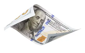 US Dollar Banknote Stampe: One hundred dollar bill falling or floating on empty background