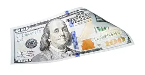One Hundred Dollar Bill Stampe: One hundred dollar bill falling or floating on empty background