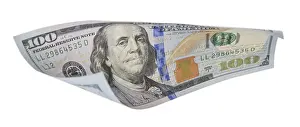 One Hundred Dollar Bill Stampe: One hundred dollar bill falling or floating on empty background