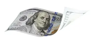 US Dollar Banknote Stampe: One hundred dollar bill falling or floating on empty background