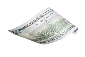 White Background Currency Symbol Stampe: One hundred dollar bill falling or floating on empty background