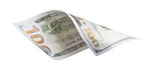 US Dollar Note Stampe: One hundred dollar bill falling or floating on empty background