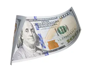One Hundred Dollar Bill Stampe: One hundred dollar bill falling or floating on empty background