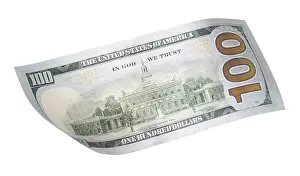 One Hundred Dollar Note Stampe: One hundred dollar bill falling or floating on empty background