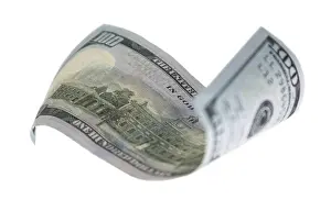 Prosperity And Wealth Image Stampe: One hundred dollar bill falling or floating on empty background