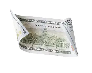 One Hundred Dollar Bill Stampe: One hundred dollar bill falling or floating on empty background