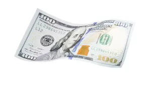 US Dollar Note Stampe: One hundred dollar bill falling or floating on empty background