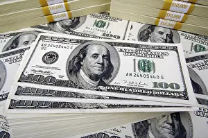 Stack Of One Hundred Dollars Stampe: One hundred dollar bill stacks