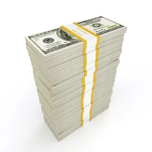 US Dollar Notes Stacked High Stampe: US dollars banknotes money stack on white