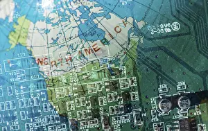 Printed Circuit Board Design Stampe: Double exposure technology background and world map
