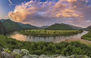 Mountain River Scenery Stampe: Dramatic clouds during dusk over Tuul river