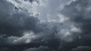 Gloomy Weather Forecast Stampe: Dramatic dark storm clouds in sky background