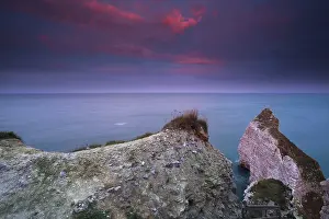 France Coastal Landscape Stampe: Dramatic red sunrise over cliffs in ocean