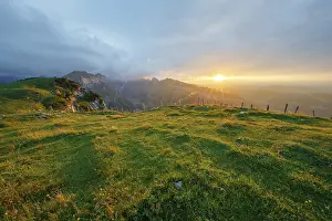 Switzerland Mountain Landscape Stampe: Dramatic sunset with cloudy skies in the mountains on the Alpsigel in Alpstein