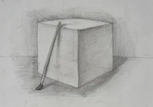Monochrome Artwork Stampe: A drawing features a three-dimensional cube sitting on a flat surface