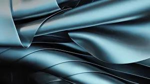Stampe di Un composto dinamico di onde blu metalliche fluido crea un background astratto e moderno in 3D. Le forme ondulate trasmettono movimento e uno stile futuristico elegante Arte Moderna Stampe: Un composito dinamico di onde blu metalliche fluido crea un sfondo astratto e moderno in 3D
