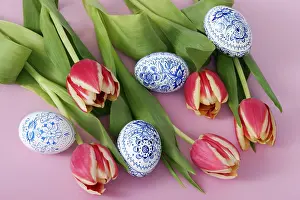 Colorful Easter Eggs Stampe: Easter setting with eggs and tulips