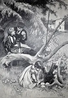 Authentic Woodcut Print Stampe: Easter time, the child has found an Easter basket with Easter eggs