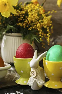 Easter Eggs Stampe: Easter time, spring flowers, easter eggs and easter bunny