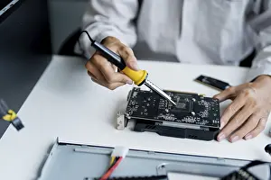 Computer Motherboard Stampe: IT Engineer installing Hardware Equipment Development Facility Engineer Maintenance computer Motherboard Electronic