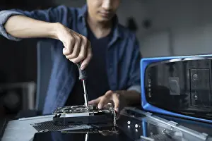 Computer Motherboard Stampe: IT Engineer installing Hardware Equipment Development Facility Engineer Maintenance computer Motherboard Electronic