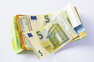 White Background Money Stampe: Euro, stack of banknotes, detail