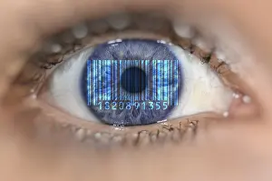 Electronic Data Transmission Stampe: Detail of eye with barcode EAN