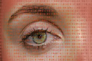 Data Transmission Stampe: Eye with binary numbers, symbolic image for digitalisation
