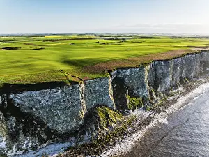 British Countryside Drone Shot Stampe: Farm and Fields over Bempton Cliffs from a drone