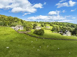 Farmland View From Above Stampe: Farms and Fields over Cononley and River Aire from a drone