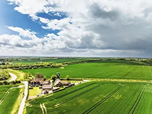 British Countryside Scene Stampe: Fields and Windmill from a drone