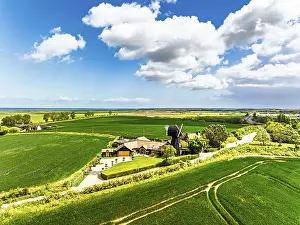 British Countryside Scene Stampe: Fields and Windmill from a drone
