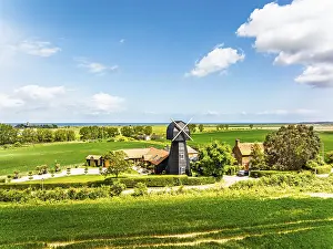British Countryside Scene Stampe: Fields and Windmill from a drone