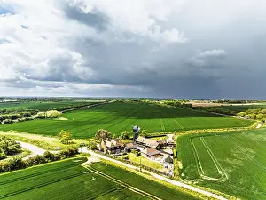 British Countryside Scene Stampe: Fields and Windmill from a drone