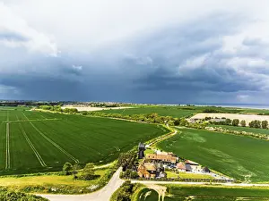 British Countryside Scene Stampe: Fields and Windmill from a drone